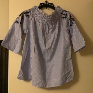 MATERNITY striped off the shoulder top with floral embroidery, NEW, size L